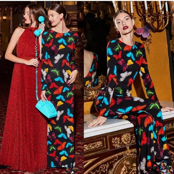 Alice + Olivia Rosaria Butterfly Print Low Back Fitted Maxi Dress in Red - Picture 3 of 16
